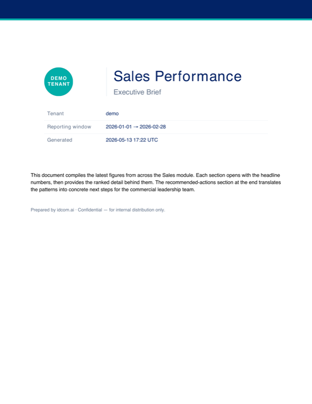 Portada del Brief Ejecutivo de Ventas con el logo de tu empresa y ventana de reporte.